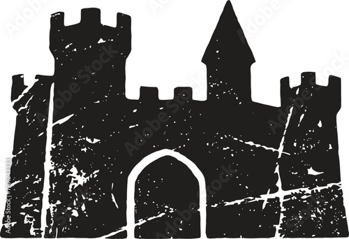 Medieval castle silhouette with tower and battlements in distressed black design