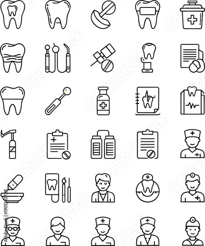 Set of dental clinic and dentistry line icons including teeth, dentist, tools and oral hygiene symbols, vector illustration isolated.