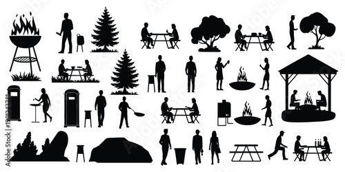 BBQ Scene Silhouette Vector Illustration – Outdoor Barbecue Lifestyle Graphic.