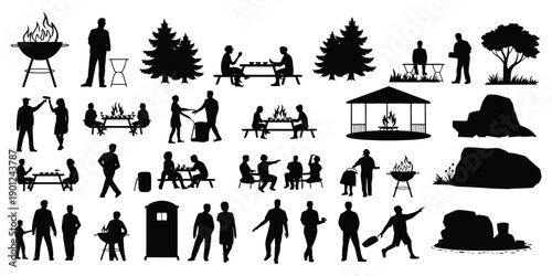 BBQ Scene Silhouette Vector Illustration – Outdoor Barbecue Lifestyle Graphic.
