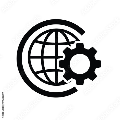 Black icon of a gear integrated with a globe within a circular frame