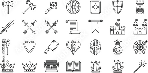 Medieval fantasy line icon set, knight weapons castle magic symbols shield sword crown vector illustration collectionMedieval fantasy line icon set, knight weapons castle magic symbols 