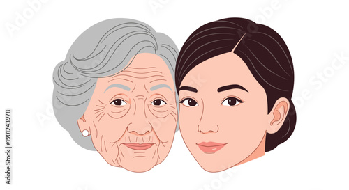 Old and Young Woman Heads Illustrating Age Progression and Beauty Over Time
