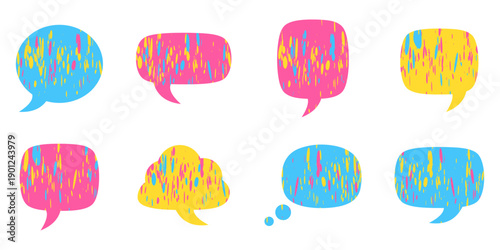 Colorful textured speech bubbles set with playful grunge brush strokes, modern abstract chat icons for communication design or playful comic designs.