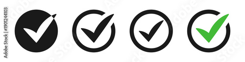 circular check mark icon set in black and green, modern approval, tasks, success and verification symbols for UI, apps, and web design.