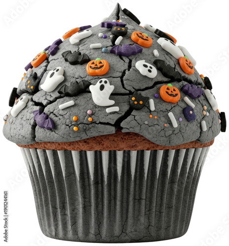 Halloween cupcake with spooky gray frosting and candy