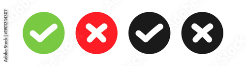 Round check mark and cross icon set in green, red, and black - for validation, approval and rejection symbols for UI, apps, and web design.