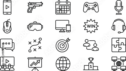 Minimalist gaming technology icons set featuring devices, controllers, communication tools, strategy symbols and digital interface elements for modern multimedia design, vector illustration