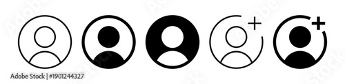 User profile avatar icons set with add person symbols, add-friend icon with plus symbol in outline and solid styles, modern account and signup UI elements.