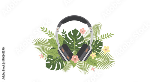 Modern Headphones Nested Among Lush Tropical Greenery and Colorful Blossoming Flowers