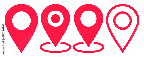 Location icon set red map pin icons in outline and solid styles, map marker symbols for navigation, GPS, travel, and location and GPS UI design