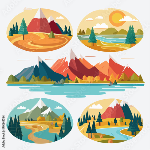 A set of four circular and one rectangular illustration of mountain landscapes with lakes, trees, and winding paths in a colorful, stylized flat design.