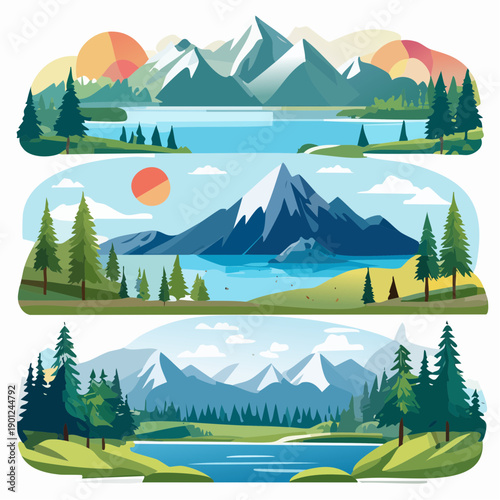 Illustration of three scenic mountain landscapes with lakes and trees in a cartoon style against a white background.