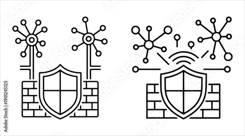 Cybersecurity infrastructure icons featuring protected network nodes and firewall shields
