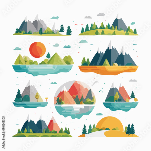 Collection of nine colorful flat illustrations of mountain landscapes with trees and lakes on a white background.