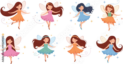 Cute fairy girls characters set with wings magical dresses fantasy cartoon vector