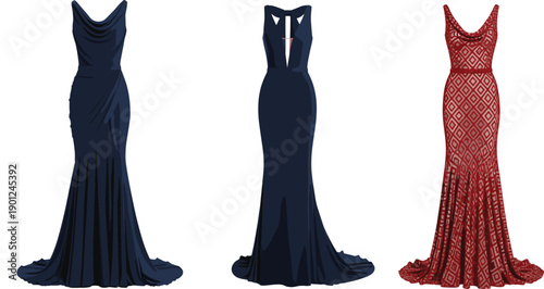 Elegant Evening Gown Dress Illustration Set with Long Formal Mermaid Silhouette Styles for Fashion Design Red Carpet and Luxury Apparel Concepts