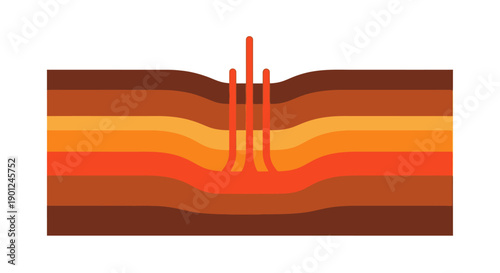 Geothermal Energy Extraction Diagram. Minimalist icon illustrating drilling into the layered earth crust to harness renewable heat power.