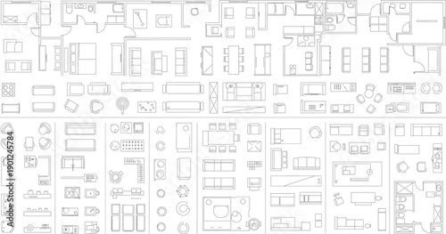 Blueprint of a building floor plan isolated on transparent background