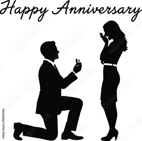 Silhouette of man proposing to woman on one knee with ring and happy anniversary text, romantic couple celebrating engagement, marriage proposal vector illustration