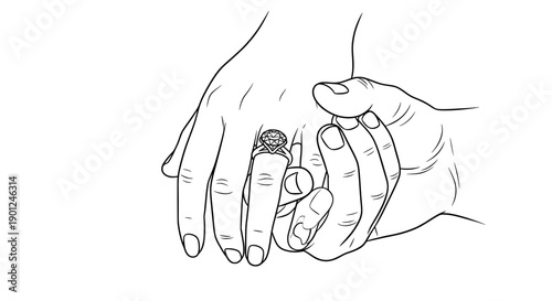 Engagement ring being placed on finger line art sketch