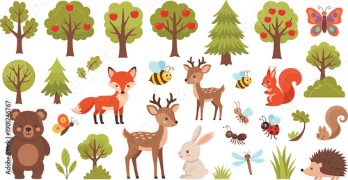 Cute forest animals and nature elements set with trees insects woodland cartoon vector