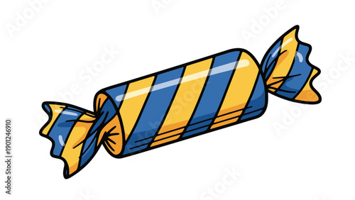 Sweet candy wrapped in paper with blue and yellow diagonal stripes shown in a playful cartoon illustration style on a white base.