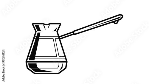 Traditional Turkish coffee pot also known as a cezve depicted in a bold black and white graphic illustration on a plain background.
