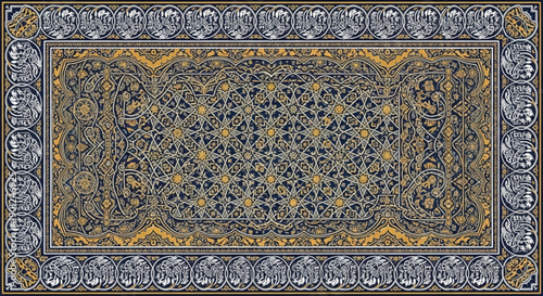 A beautifully designed rectangular rug with intricate patterns and floral motifs in shades of blue, gold, and white.