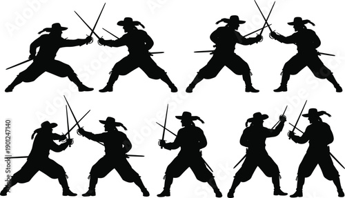 Silhouette of musketeer swashbucklers dueling with rapiers, fencing combat between pirates in hats, vintage swordsman fighting scene, historical military warrior vector illustration, action sports.