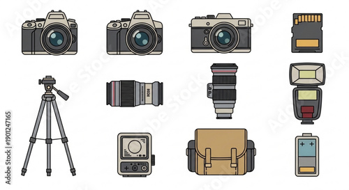 A collection of camera and photography equipment icons in a flat, minimalist design style
