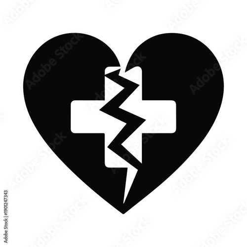 Broken heart with medical cross symbol in simple black design