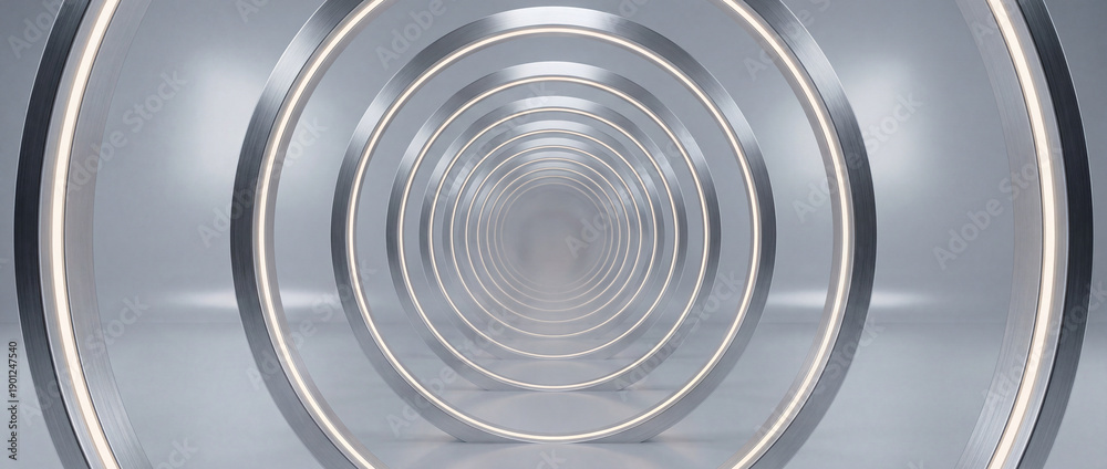 Fototapeta premium Panoramic interior space with geometric circular patterns reflecting light. Contemporary design features circular shapes and smooth surfaces creating an orderly environment.