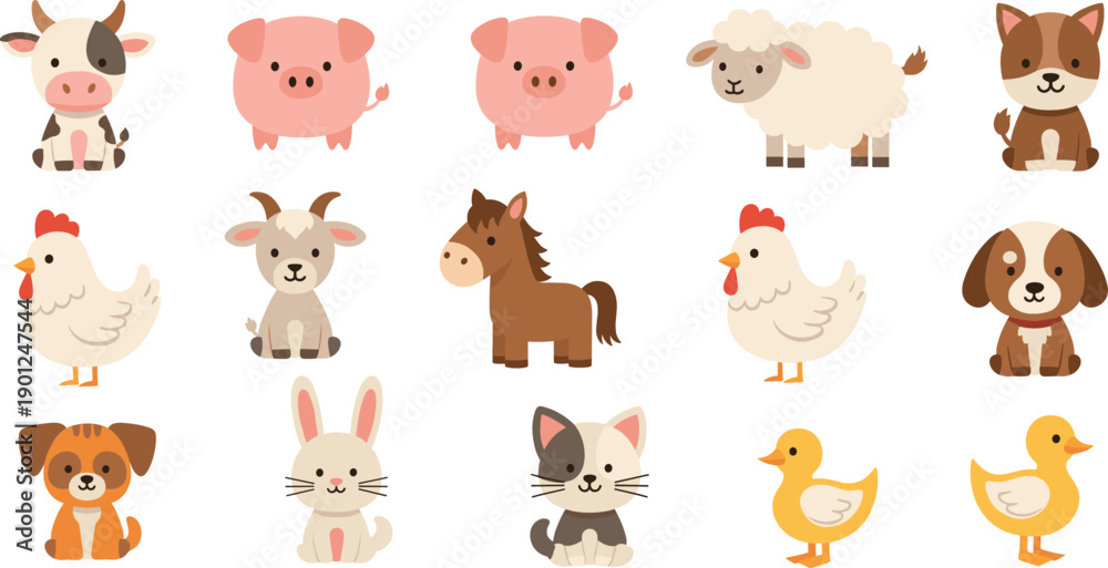 Fototapeta premium Cute farm animals set with cow pig sheep horse chicken dog cat duck vector
