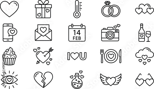 Valentine love romantic icon set featuring hearts gifts rings messages camera dinner date symbols celebration outline vector illustration design