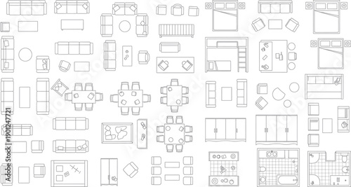 A collection of various technical drawings and blueprints isolated on transparent background