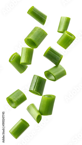 Εκτύπωση καμβά Falling chopped green onion slices isolated on transparent background