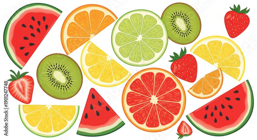 A colorful vector illustration of various sliced fruits, including watermelon, orange, lemon, lime, kiwi, strawberry, and grapefruit, arranged on a white background.