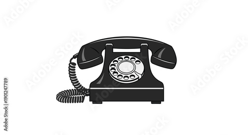 Elegant black rotary telephone with a tightly coiled cord and a prominent circular dial, presenting timeless