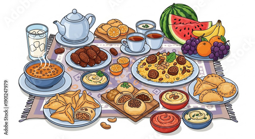 A vibrant and colorful illustration of a table set with a variety of international dishes and drinks