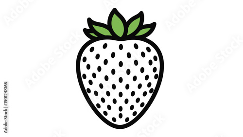 Simple hand-drawn illustration of a single strawberry with green leaves and black seeds for fresh fruit and healthy diet icons.