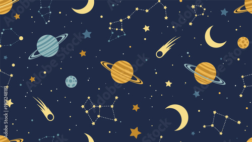 Space themed seamless pattern featuring planets with rings and stars on a dark blue background for cosmic and universe decor.