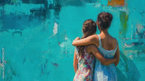 Women embracing by textured blue wall showing friendship