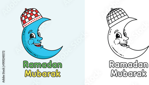 Ramadan Mubarak Crescent Moon Character Wearing Kufi Hat Coloring Page for Kids, Islamic Celebration Vector Illustration with Colored and Line Art Outline Versions for Activities