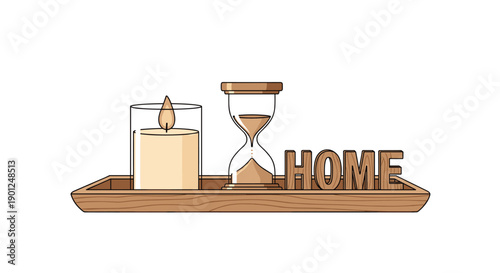Stylish arrangement of a glass-encased candle, a classic hourglass, and wooden HOME letters on a rustic rectangular