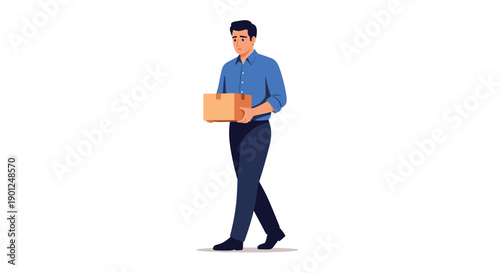 Young man in a blue shirt and dark pants, walking confidently while holding a small plain cardboard box against a white