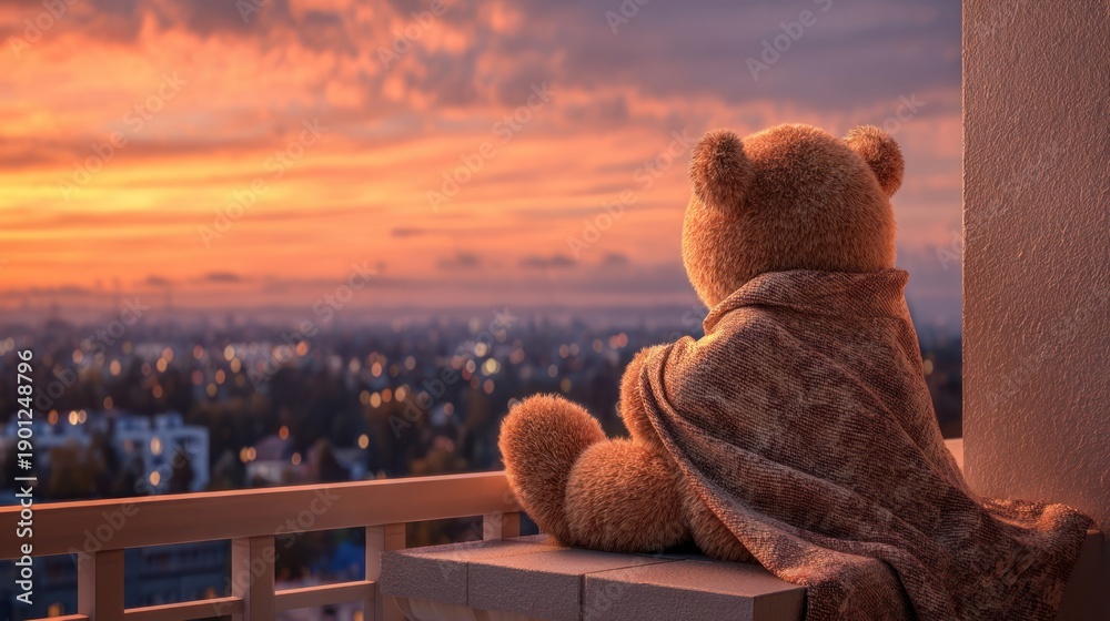 Fototapeta premium A teddy bear couple watching a sunset from a balcony overlooking the city, wrapped in a blanket, warm evening light, 8k, realistic, full ultra HD, high resolution, cinematic photography