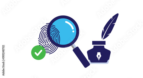 Bright blue magnifying glass hovering over a detailed fingerprint with a checkmark, alongside a quill pen and inkwell,