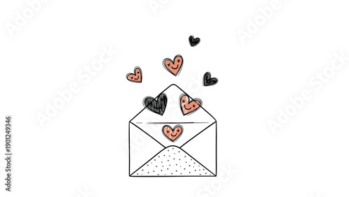 Artistic sketch of an open envelope with several textured and patterned hearts floating out of it for a rustic romantic design.