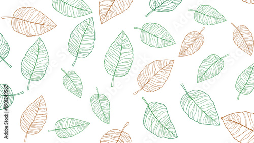 Seamless pattern of hand drawn green and brown leaves of various sizes and shapes scattered across a clean white background.